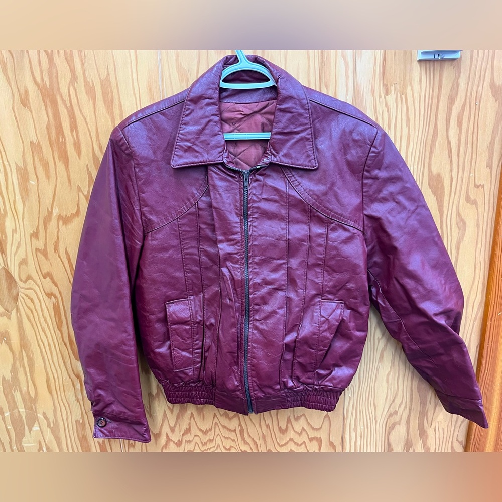 Burgundy leather jacket, bomber style, size large